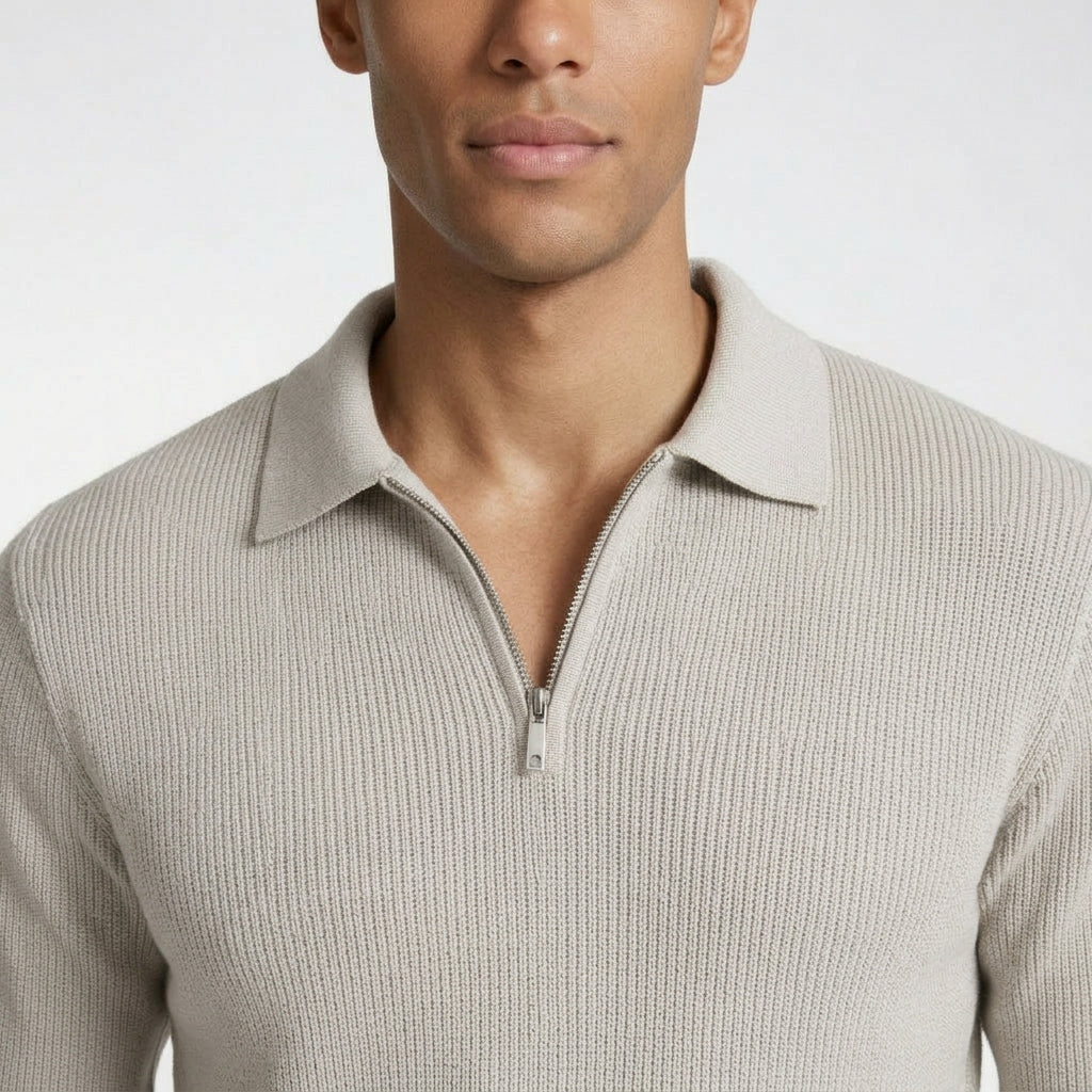 Half-Zip Ribbed Knit Polo Sweater Regular Fit for Men