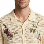Open Knit Embroidered Button-Up Shirt Relaxed Fit for Men