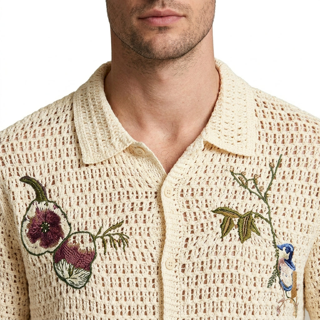 Open Knit Embroidered Button-Up Shirt Relaxed Fit for Men