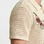 Open Knit Embroidered Button-Up Shirt Relaxed Fit for Men
