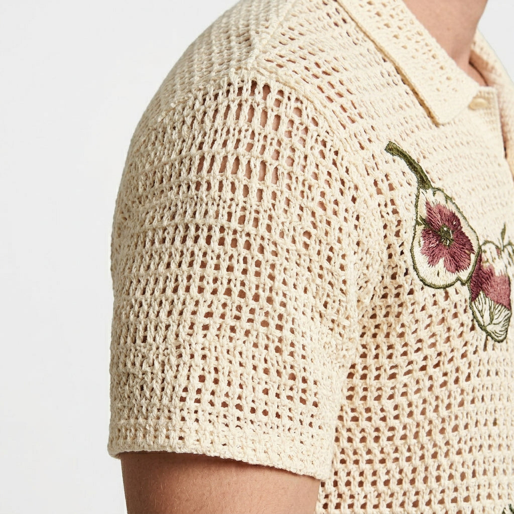 Open Knit Embroidered Button-Up Shirt Relaxed Fit for Men