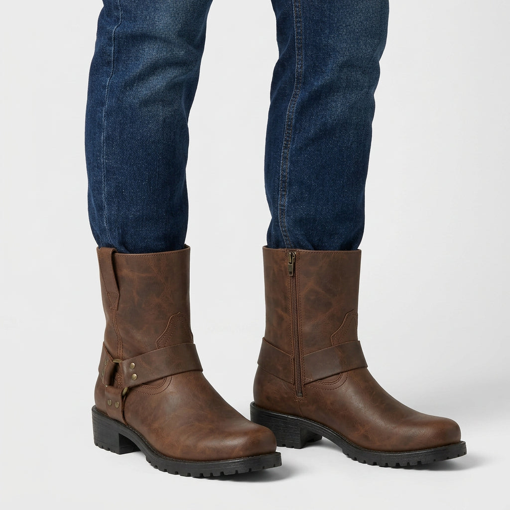 Leather Strap Ankle Boots Rugged Construction for Men