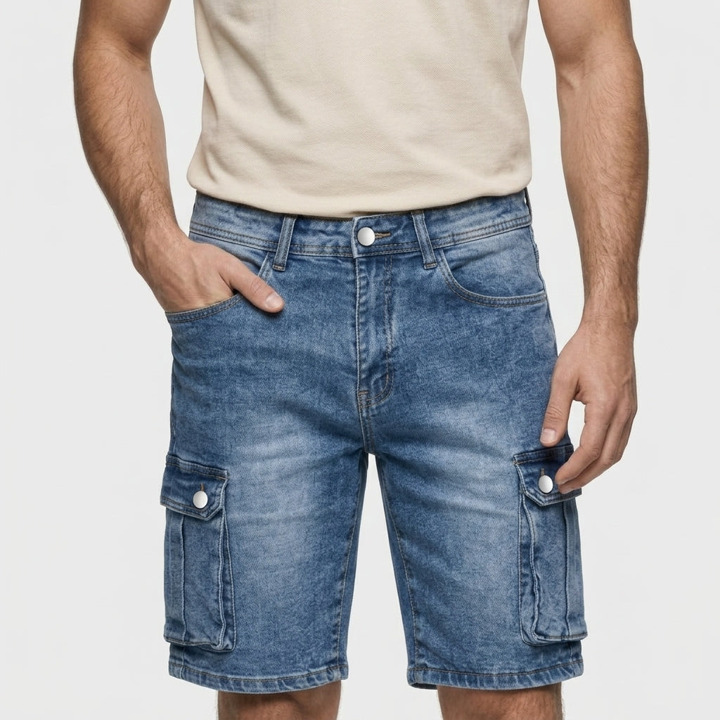 Denim Cargo Shorts Washed Straight Fit for Men