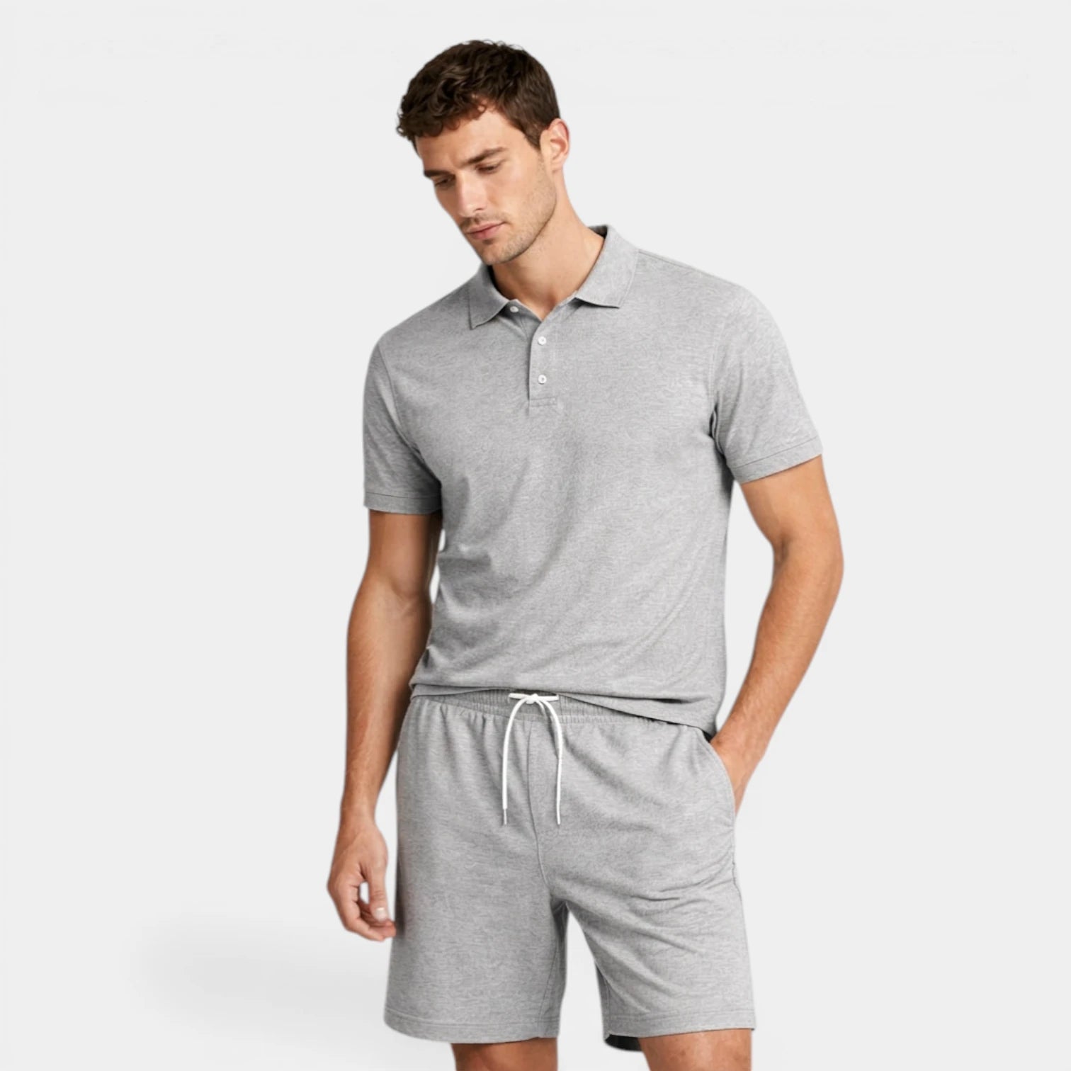 Textured Polo Shirt Drawstring Shorts Set for Men