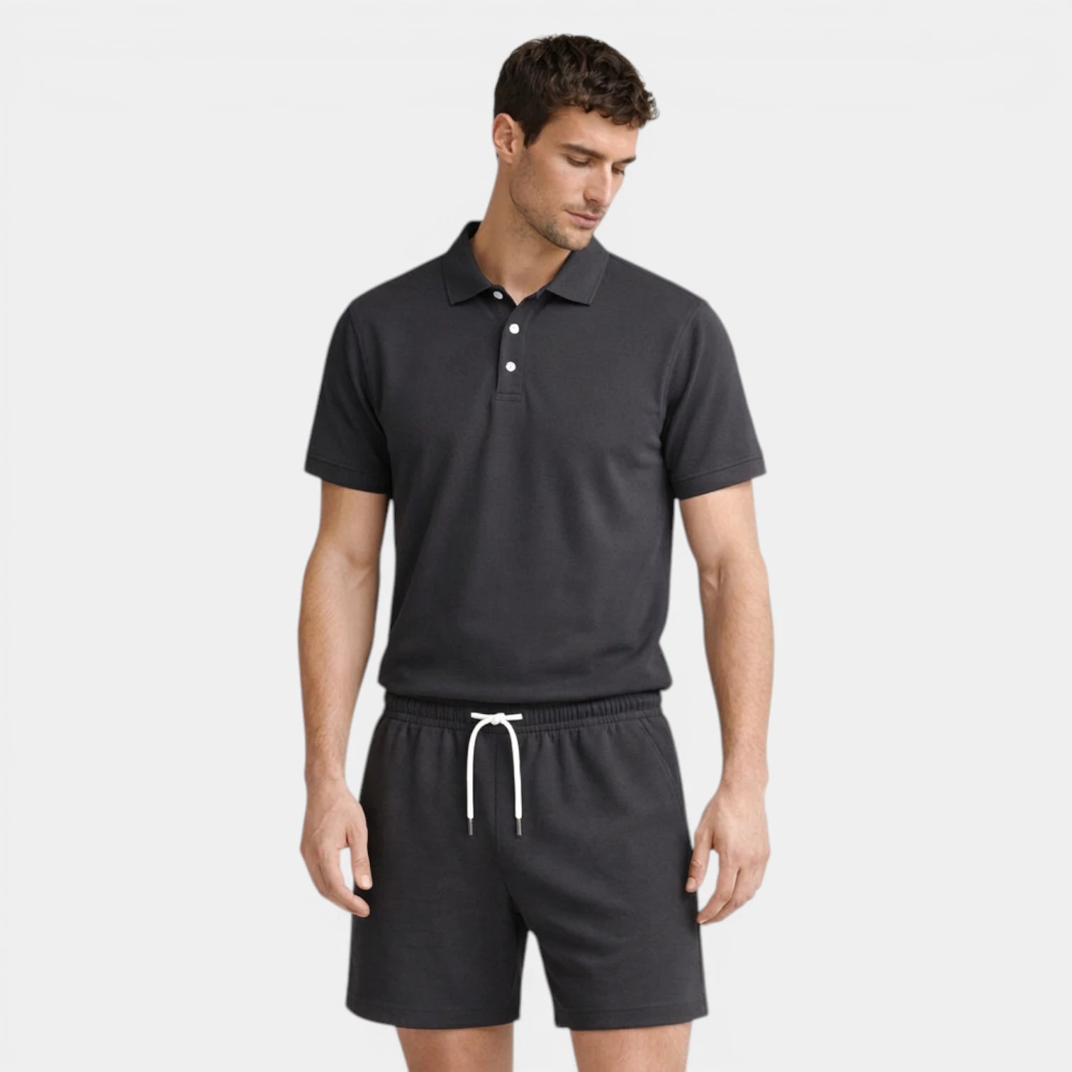 Textured Polo Shirt Drawstring Shorts Set for Men