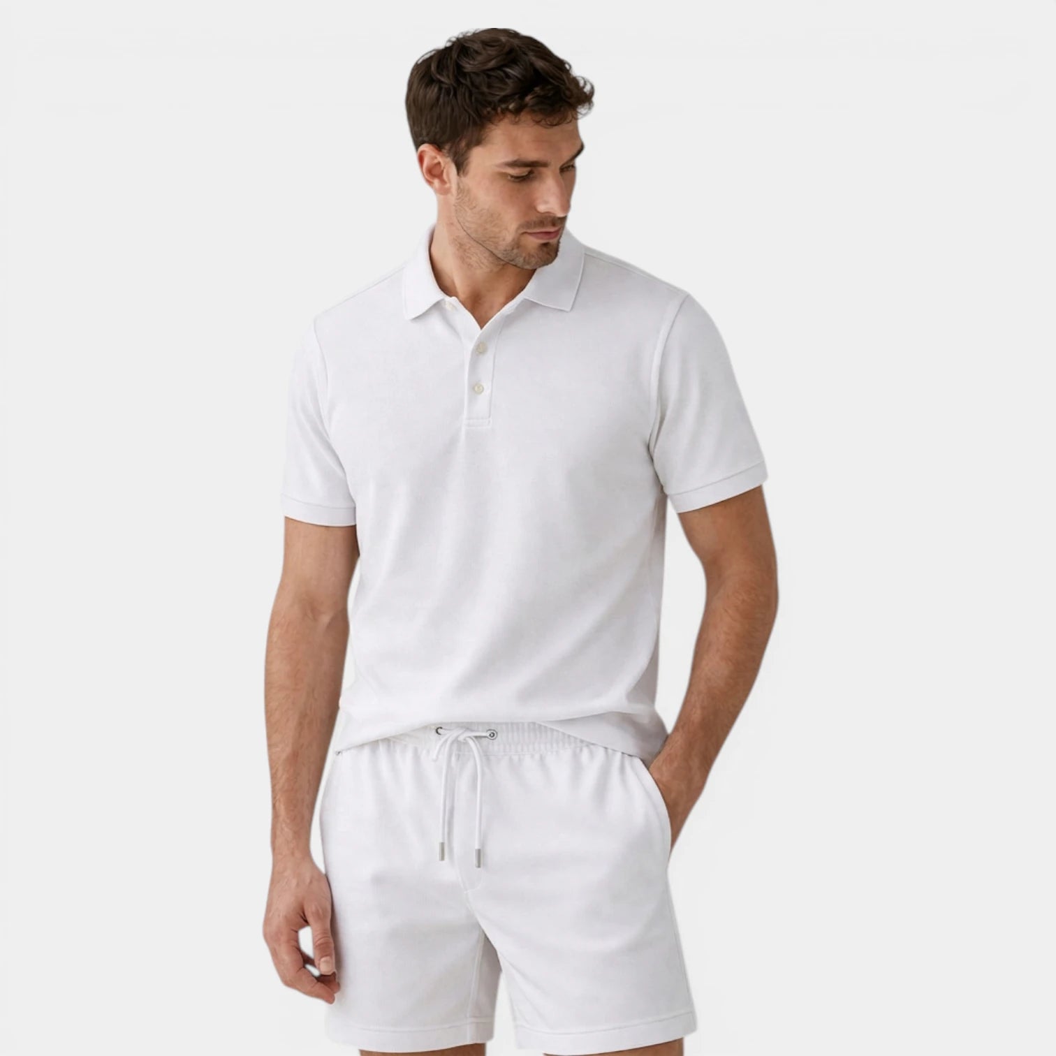 Textured Polo Shirt Drawstring Shorts Set for Men