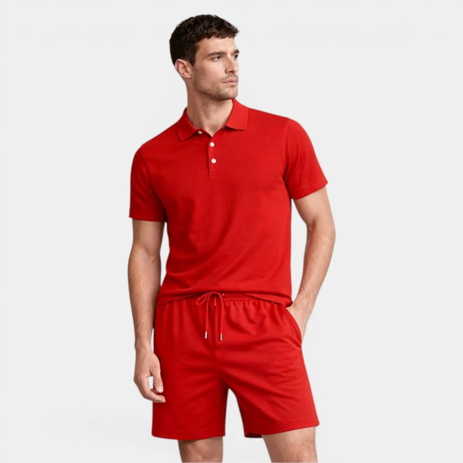 Textured Polo Shirt Drawstring Shorts Set for Men
