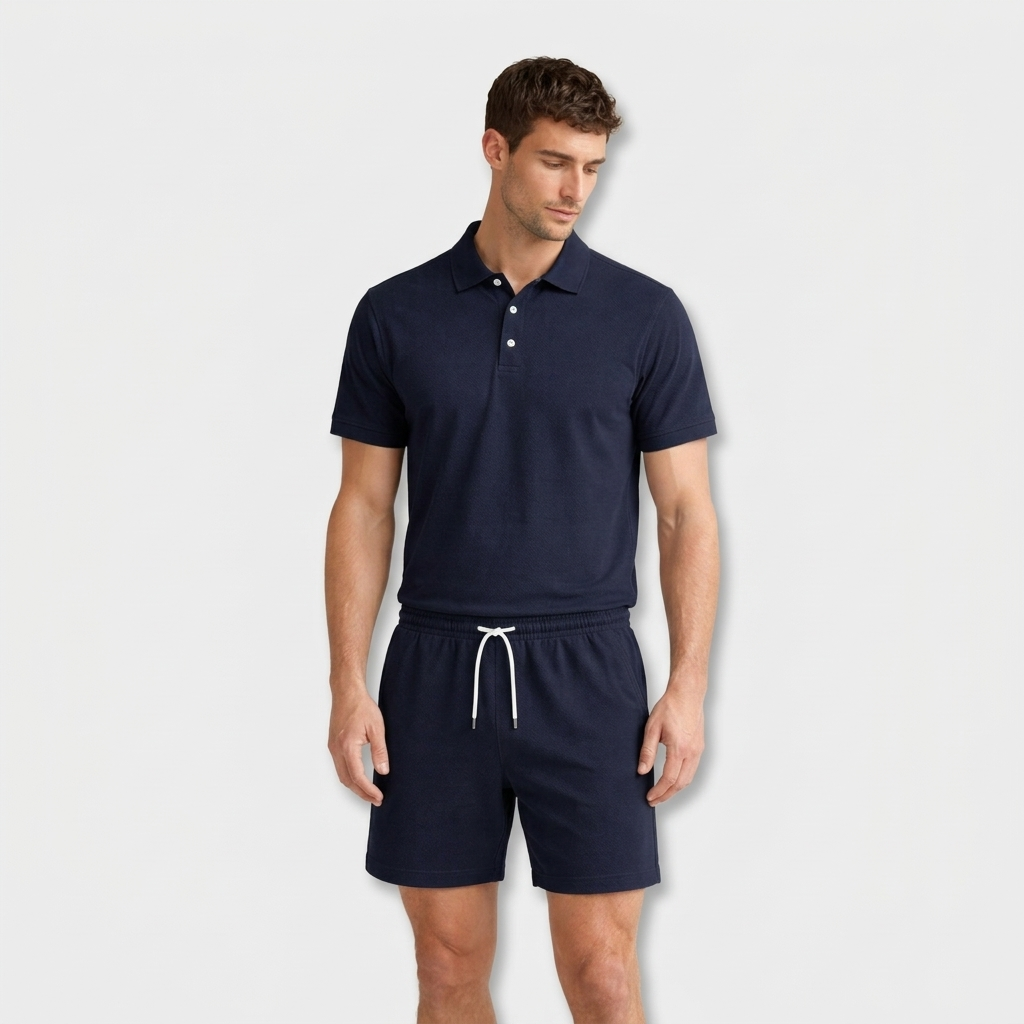 Textured Polo Shirt Drawstring Shorts Set for Men