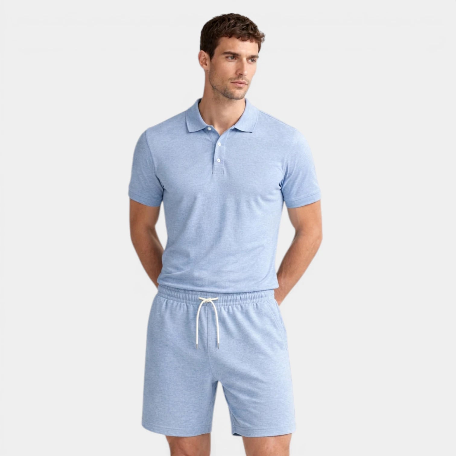 Textured Polo Shirt Drawstring Shorts Set for Men