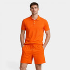Textured Polo Shirt Drawstring Shorts Set for Men