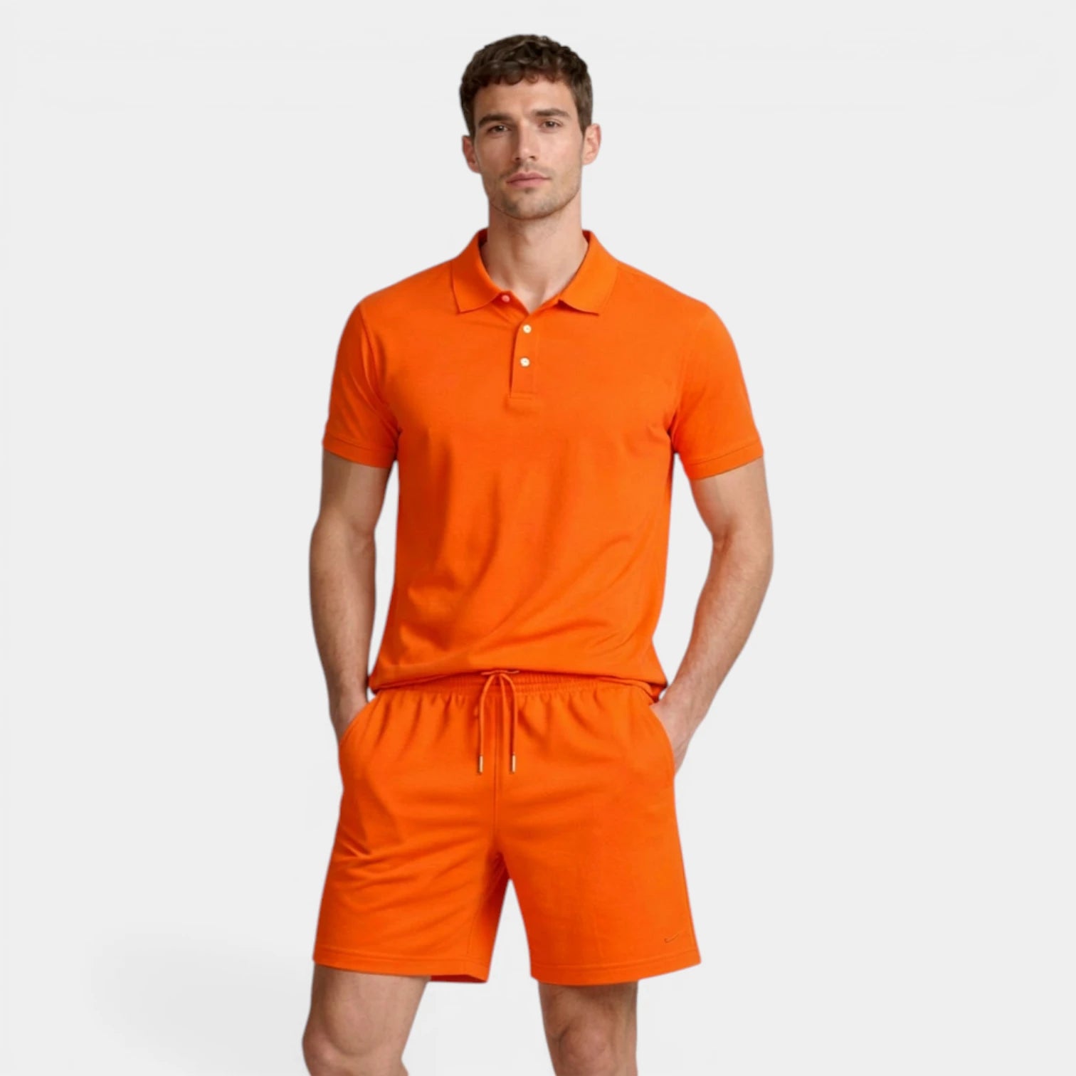 Textured Polo Shirt Drawstring Shorts Set for Men