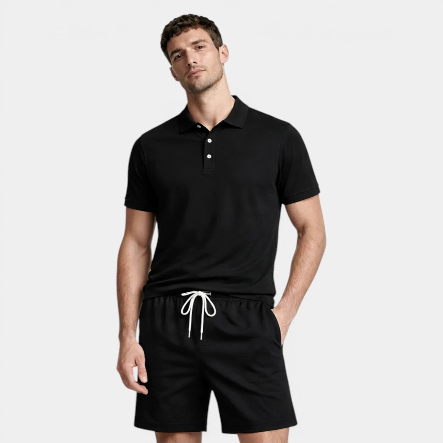 Textured Polo Shirt Drawstring Shorts Set for Men