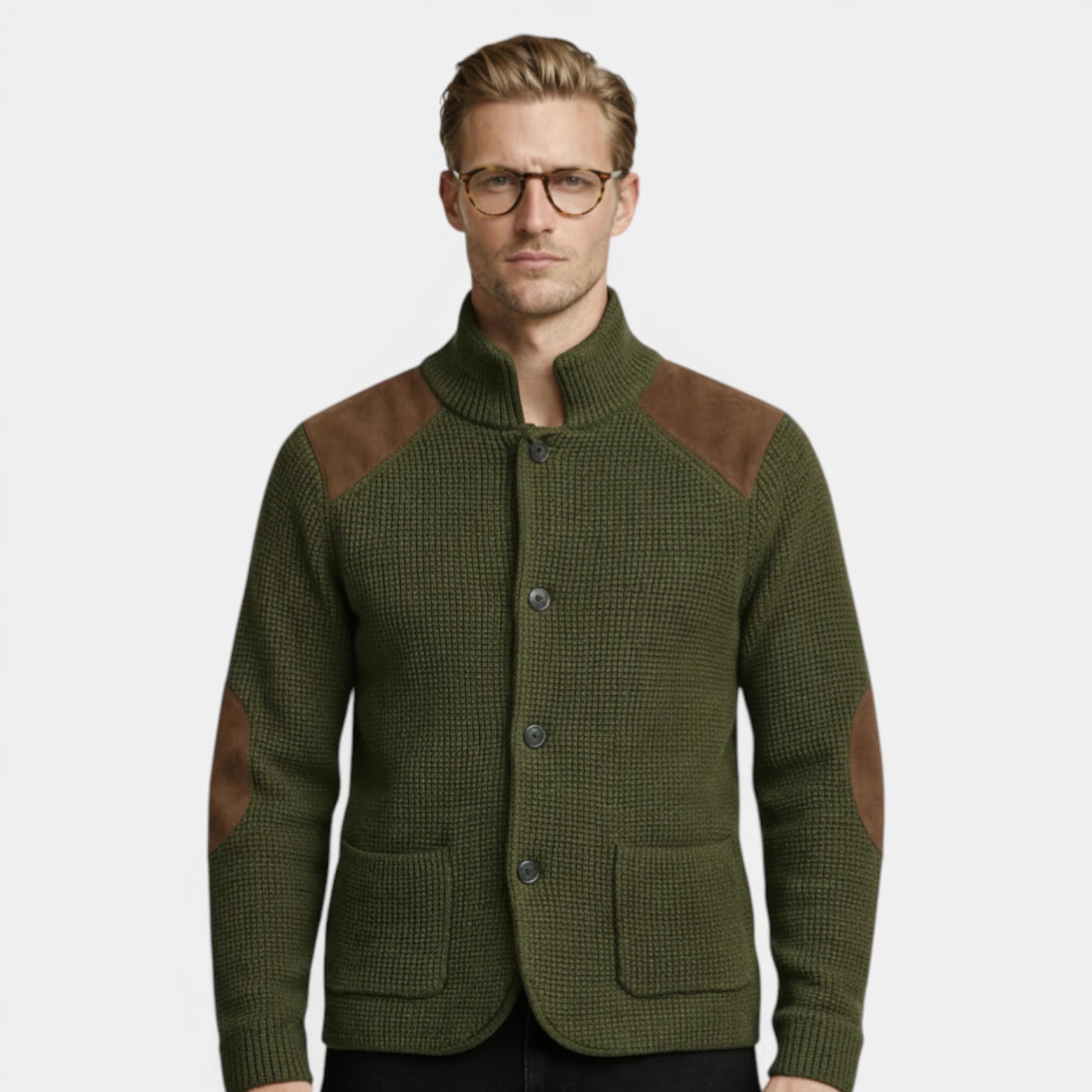 Button-Up Knit Jacket Ribbed Collar Elbow Patch for Men