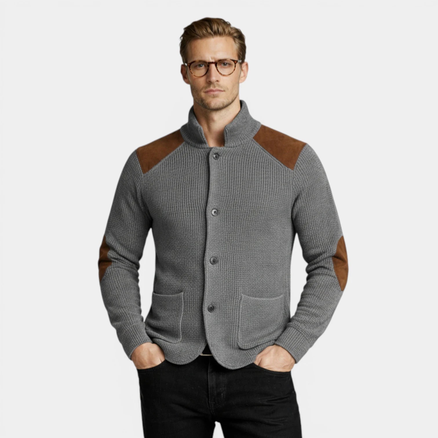 Button-Up Knit Jacket Ribbed Collar Elbow Patch for Men