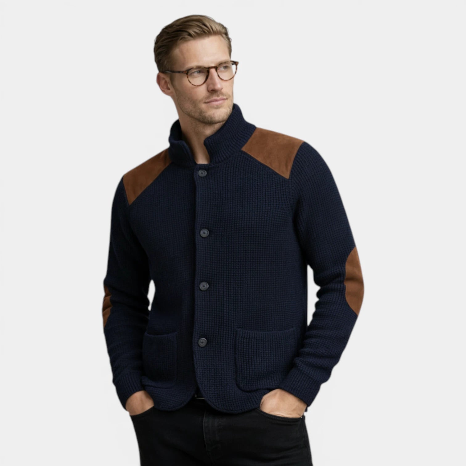 Button-Up Knit Jacket Ribbed Collar Elbow Patch for Men