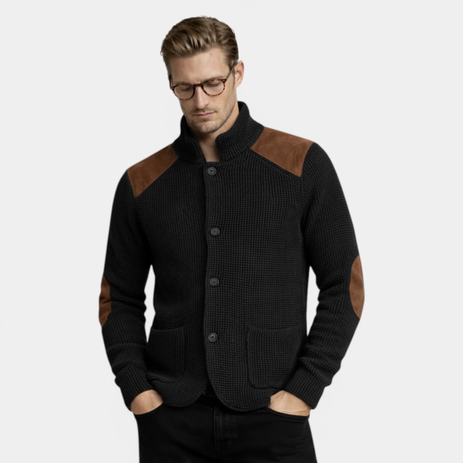 Button-Up Knit Jacket Ribbed Collar Elbow Patch for Men