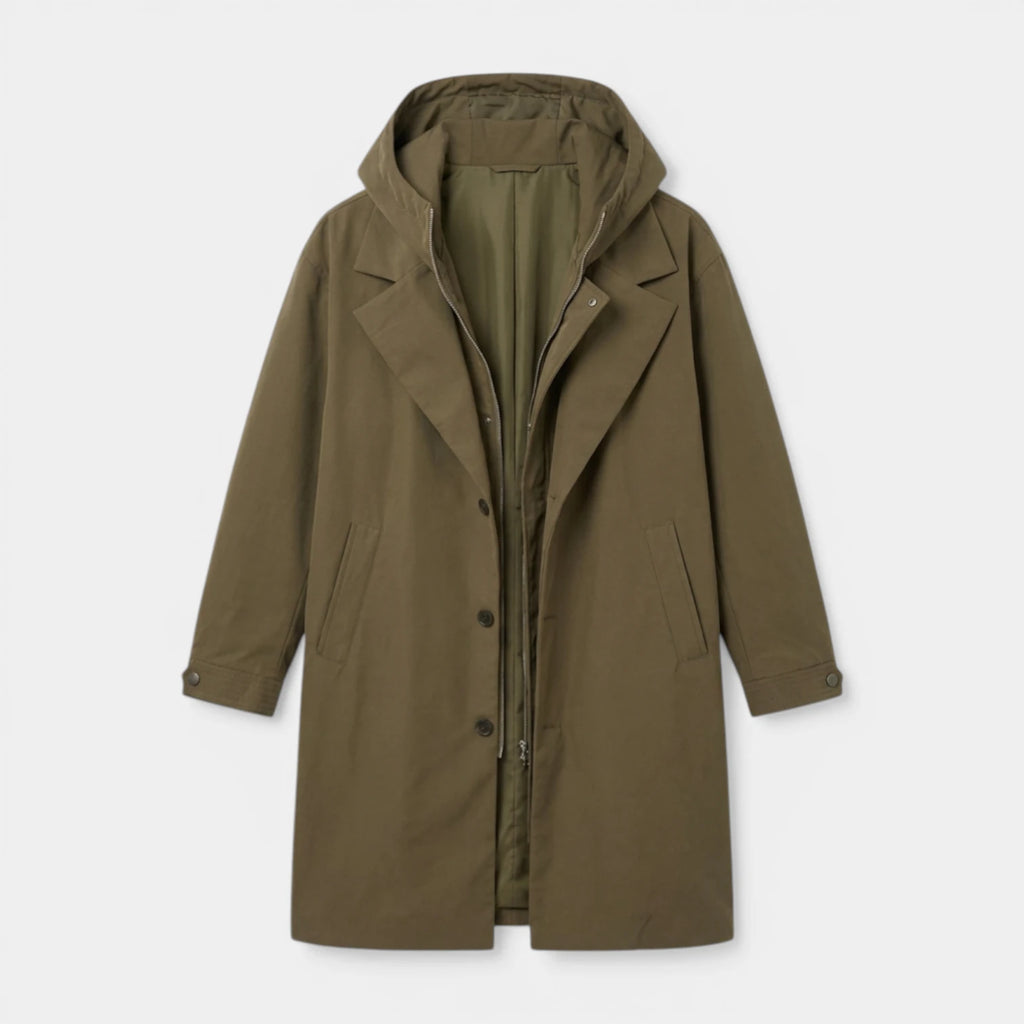 Hooded Longline Trench Coat Zip-Up Button Front for Men