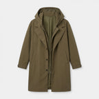 Hooded Longline Trench Coat Zip-Up Button Front for Men