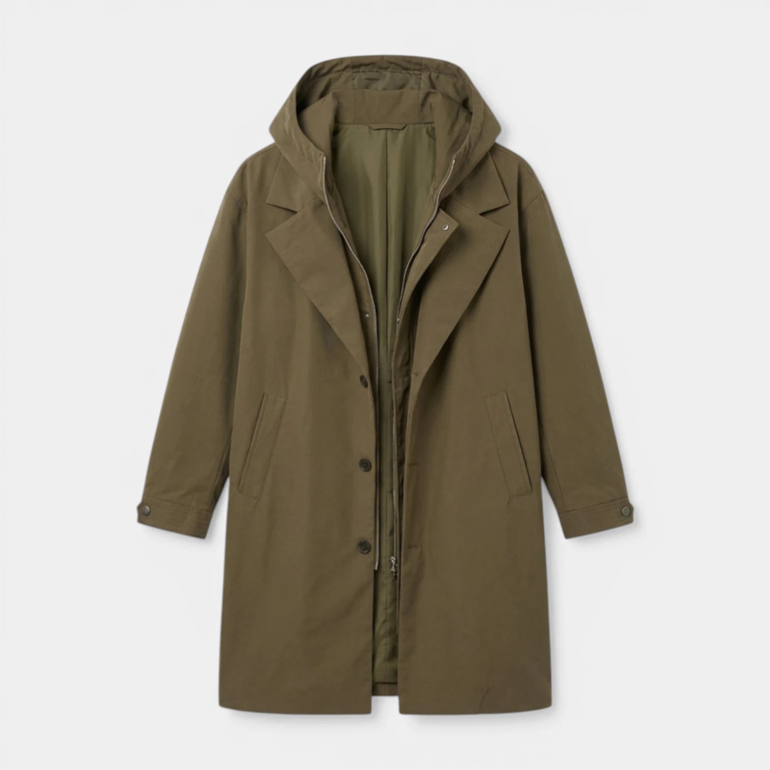 Hooded Longline Trench Coat Zip-Up Button Front for Men