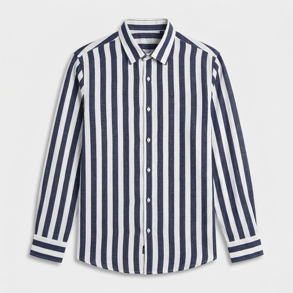 Linen-Cotton Striped Shirt Long Sleeve Relaxed Fit for Men