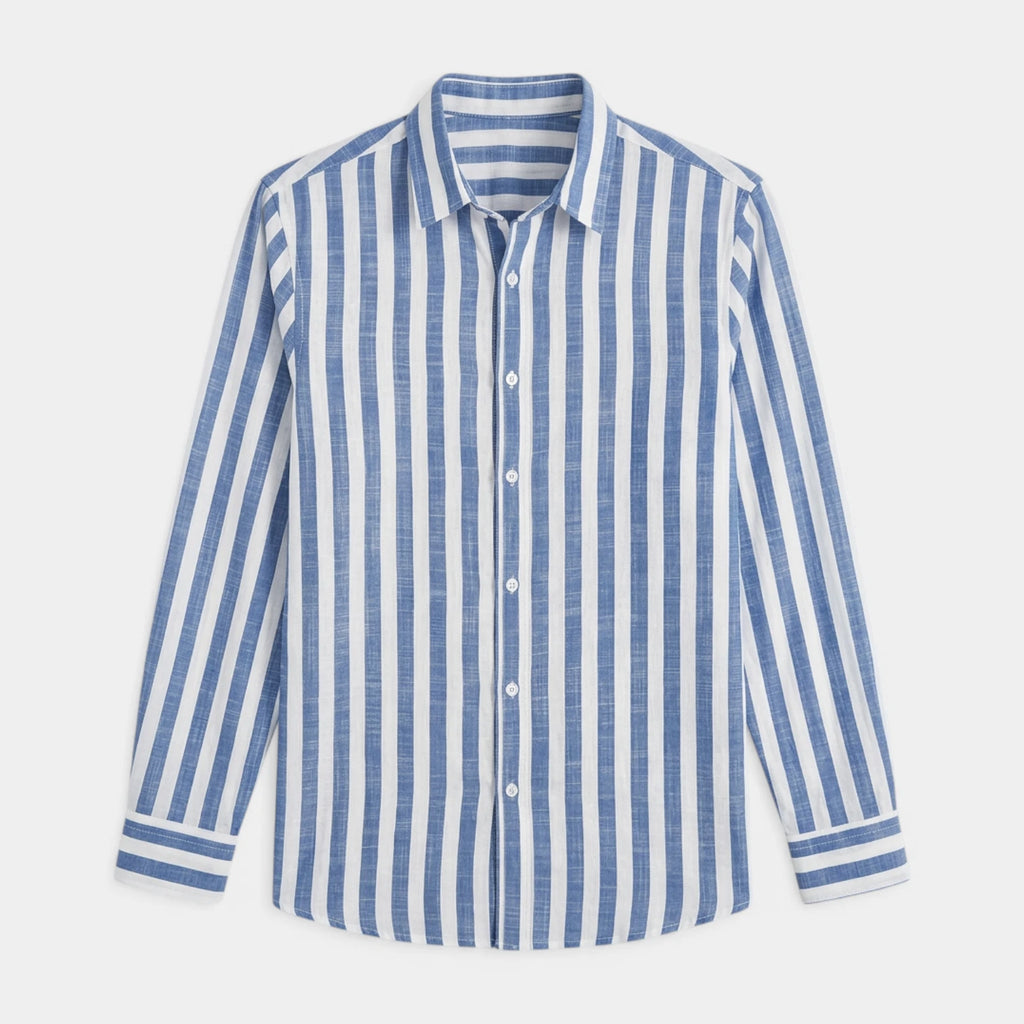 Linen-Cotton Striped Shirt Long Sleeve Relaxed Fit for Men
