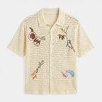 Open Knit Embroidered Button-Up Shirt Relaxed Fit for Men