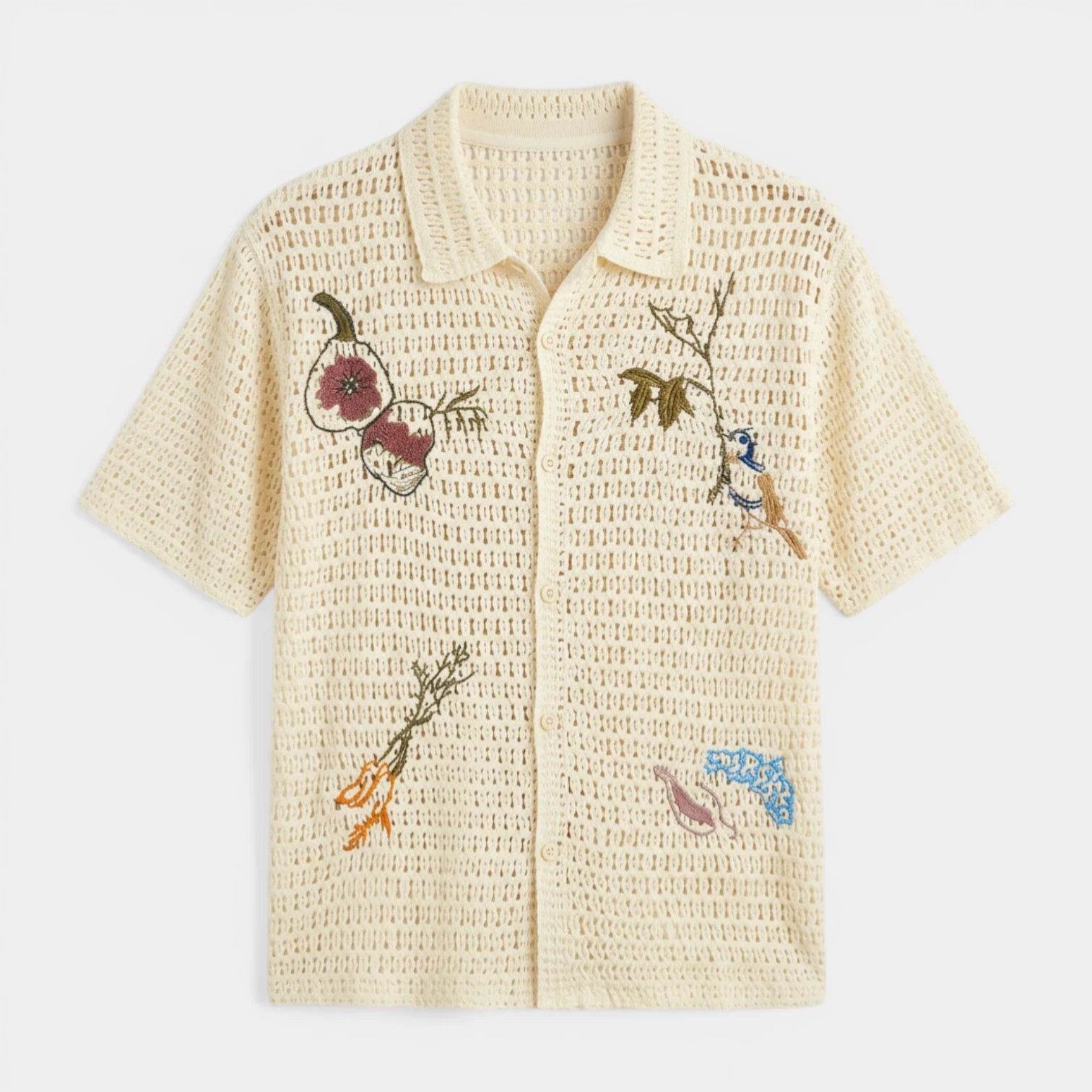 Open Knit Embroidered Button-Up Shirt Relaxed Fit for Men