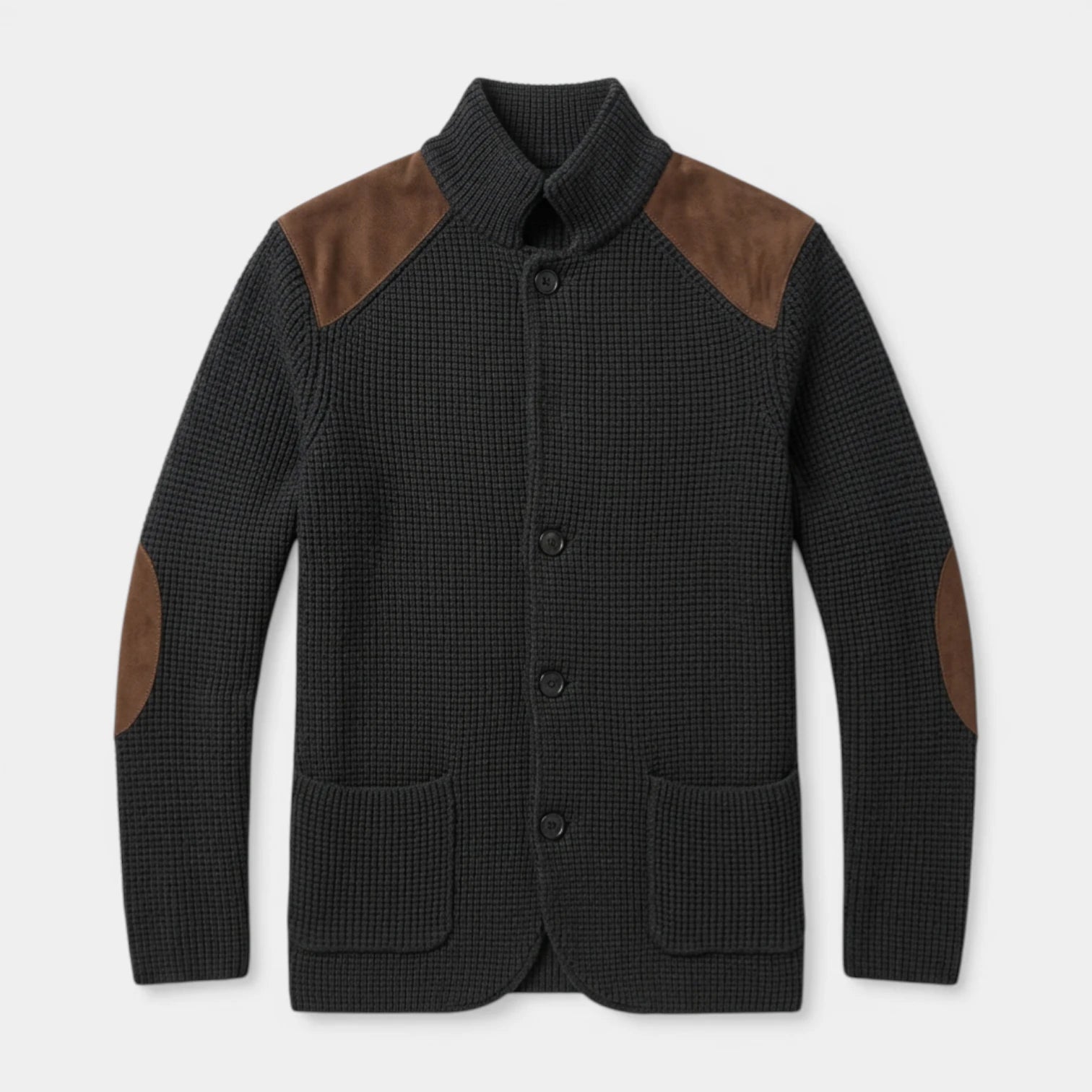 Button-Up Knit Jacket Ribbed Collar Elbow Patch for Men