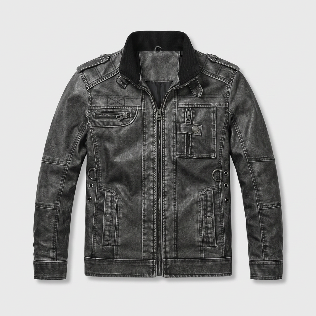 Leather Stand Collar Full-Zip Moto Jacket for Men