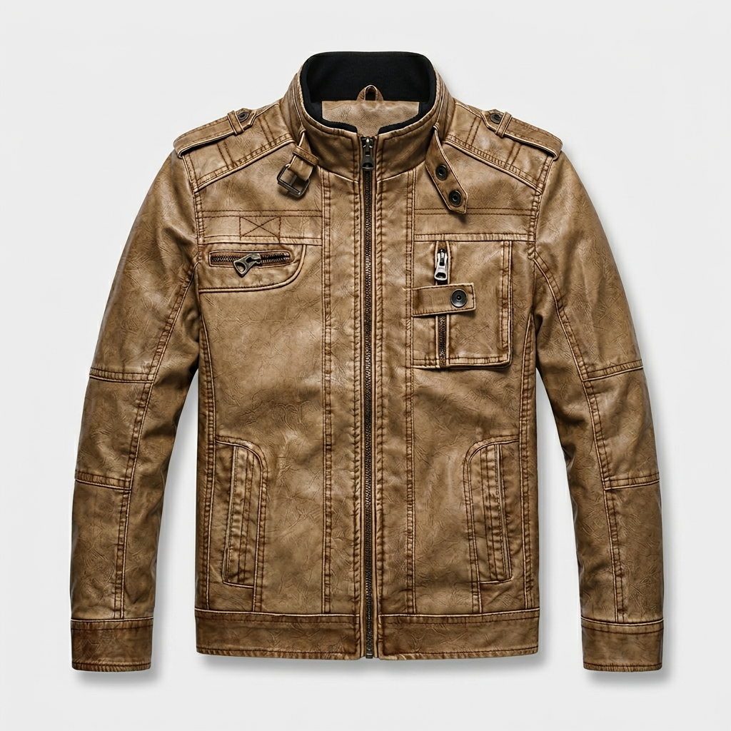 Leather Stand Collar Full-Zip Moto Jacket for Men