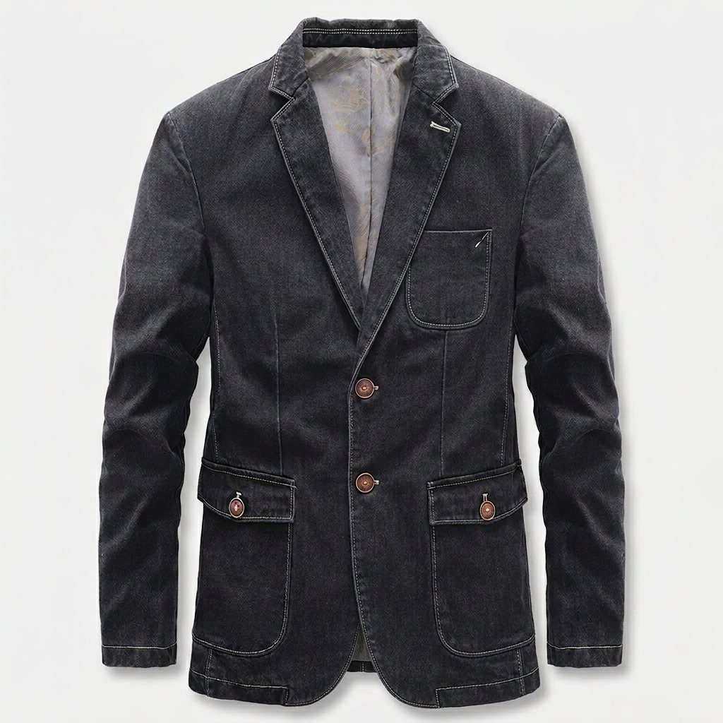 Two-Button Washed Denim Blazer for Men