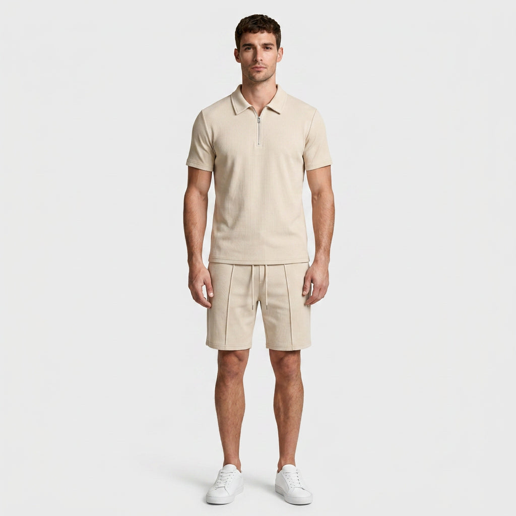 Two-Piece Zip Polo Shirt and Shorts Set for Men
