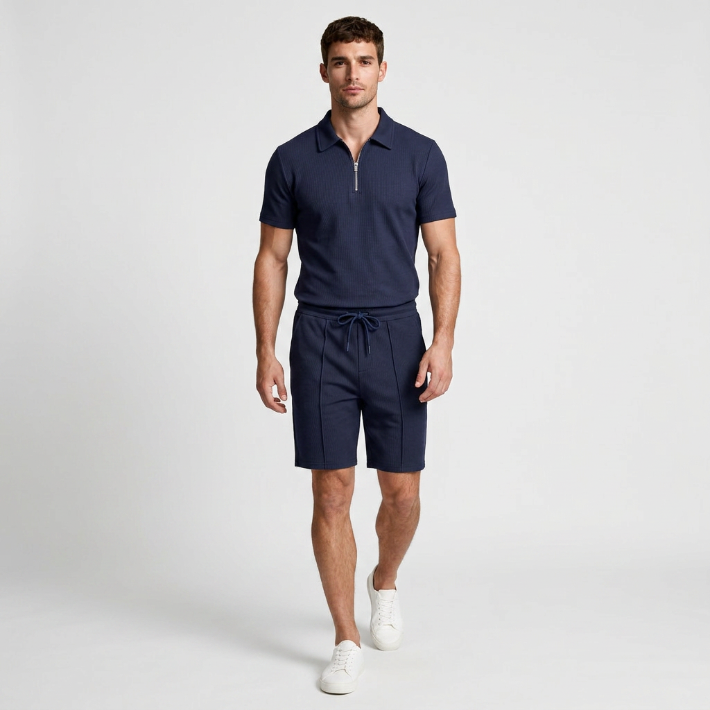 Two-Piece Zip Polo Shirt and Shorts Set for Men