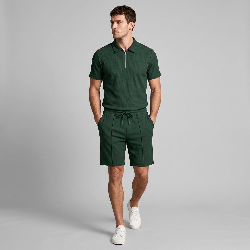 Two-Piece Zip Polo Shirt and Shorts Set for Men