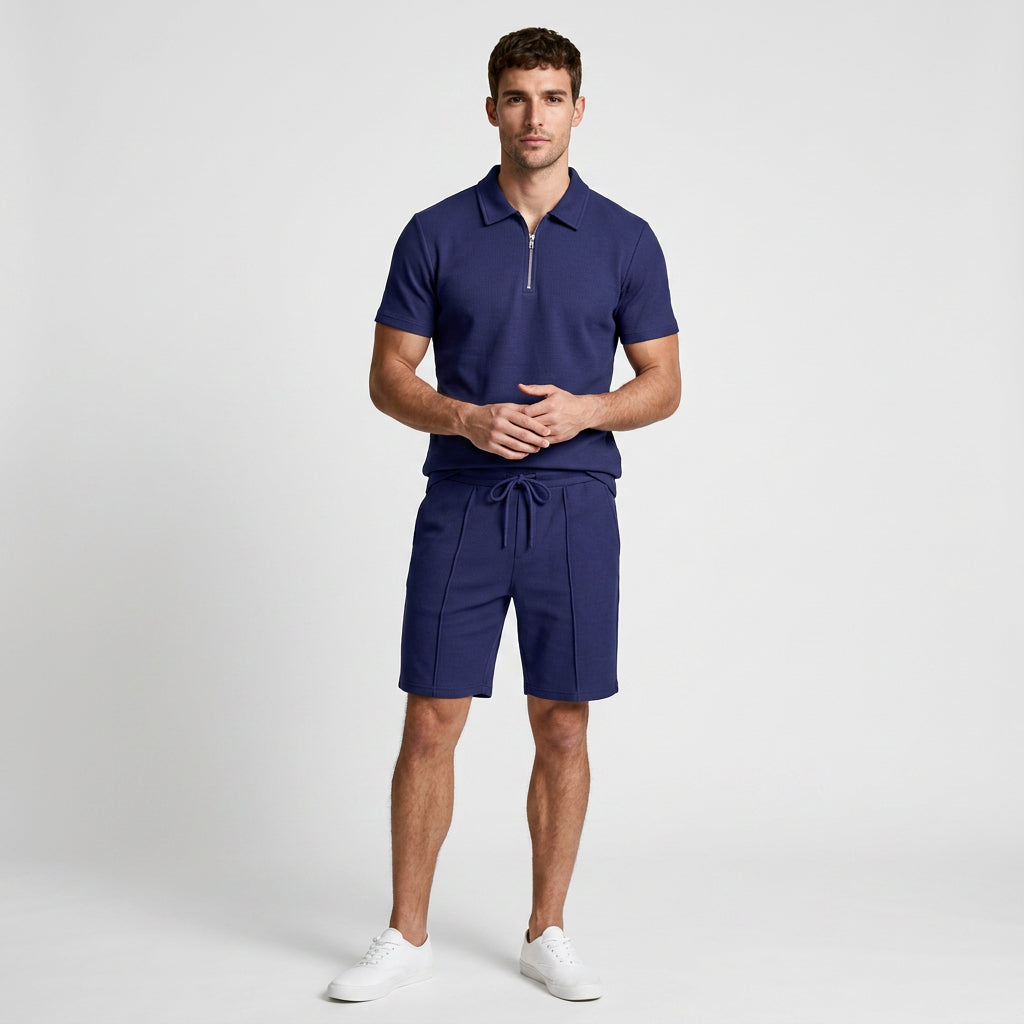 Two-Piece Zip Polo Shirt and Shorts Set for Men