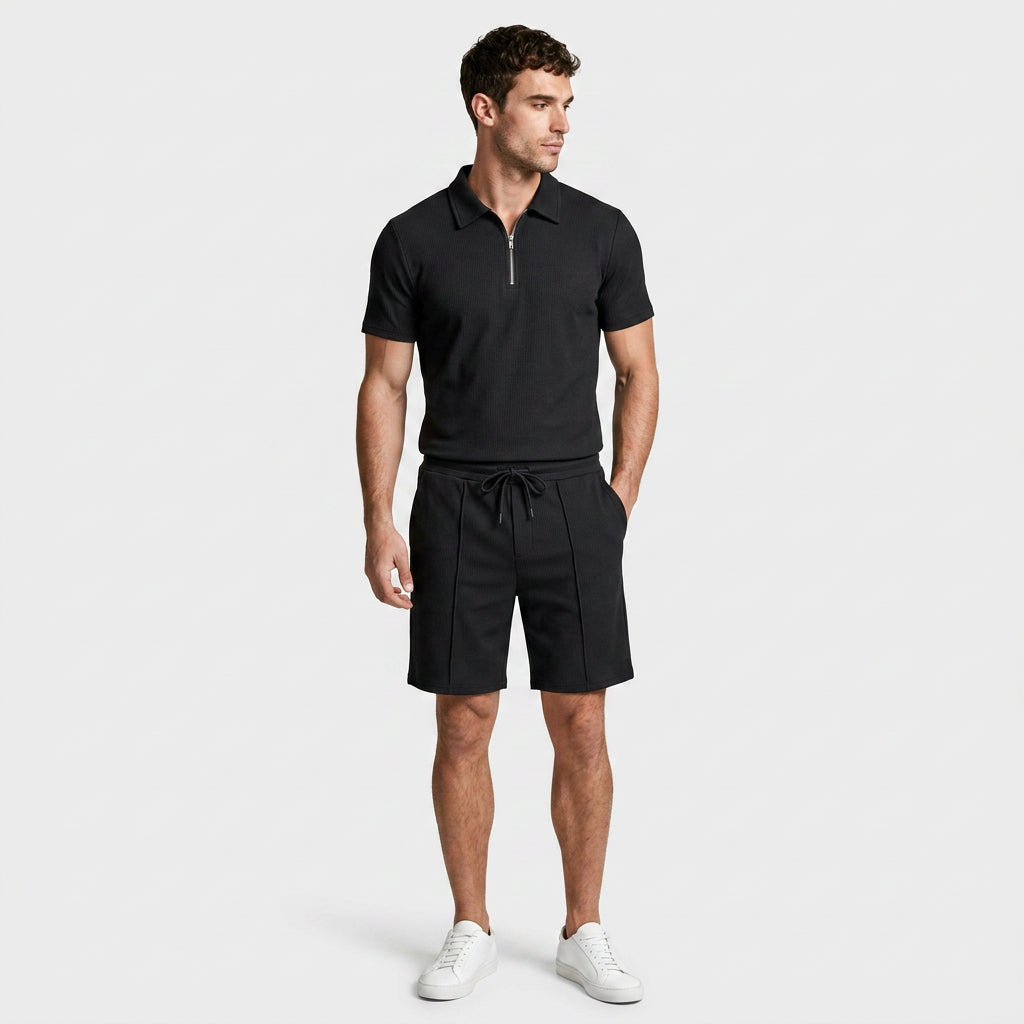 Two-Piece Zip Polo Shirt and Shorts Set for Men