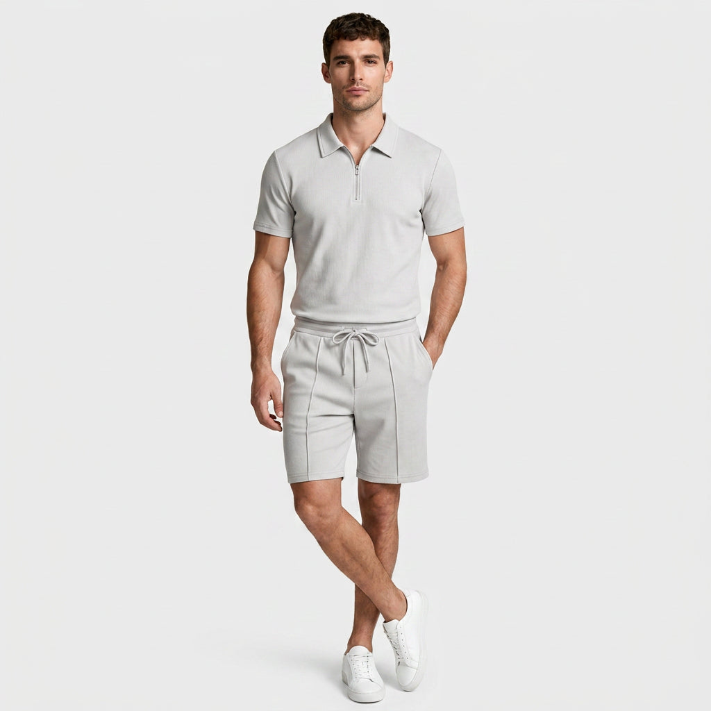 Two-Piece Zip Polo Shirt and Shorts Set for Men