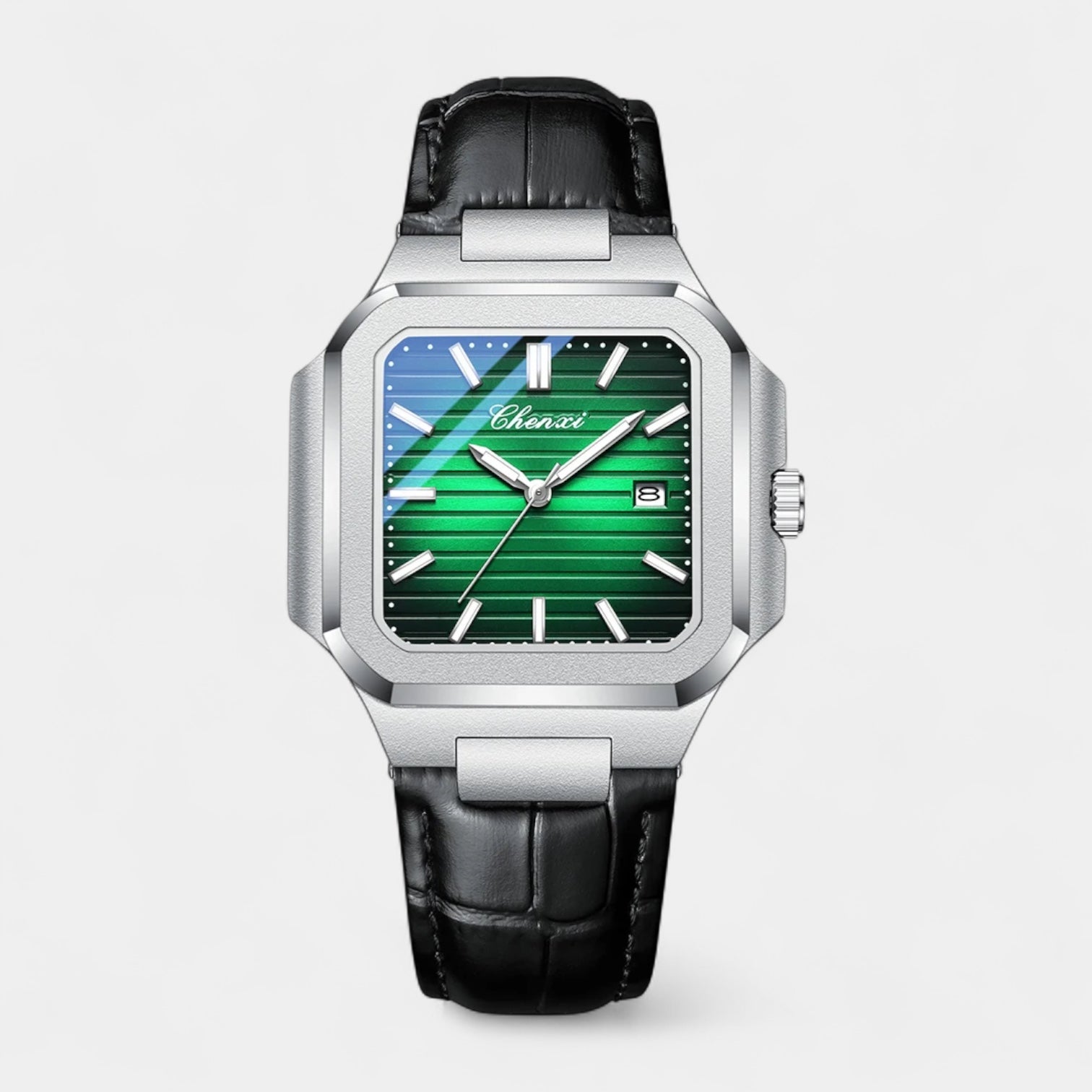 Men’s Square Stainless Steel Leather Strap Quartz Watch