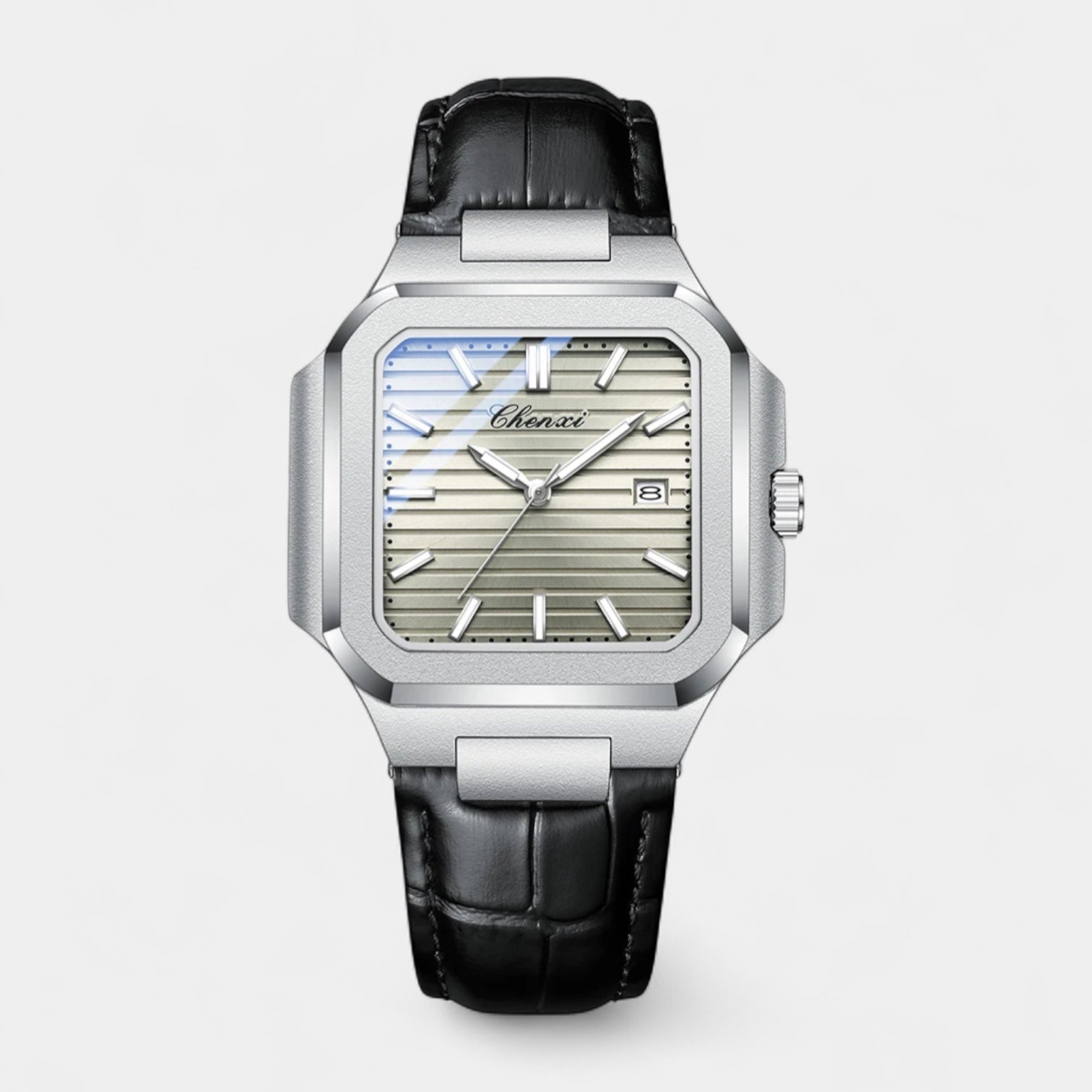 Men’s Square Stainless Steel Leather Strap Quartz Watch