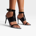Women's Croc-Embossed Ankle-Cuff Stiletto Sandals