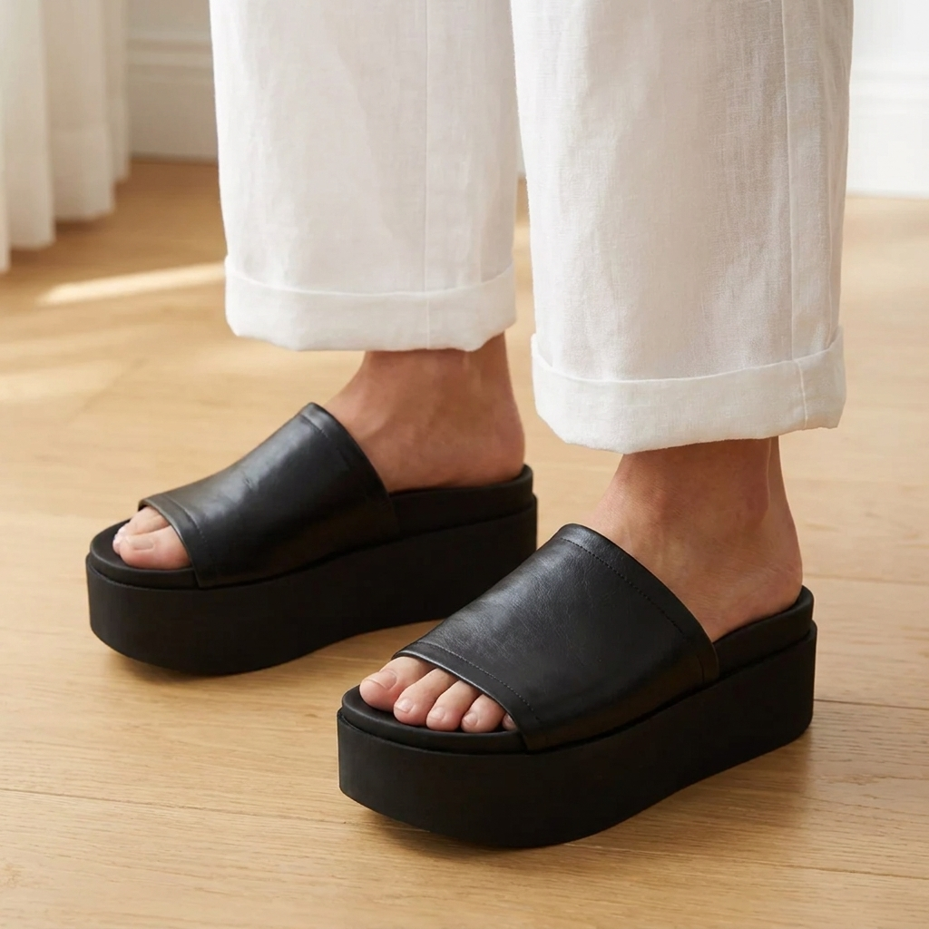 Women's Leather Chunky Flatform Slides