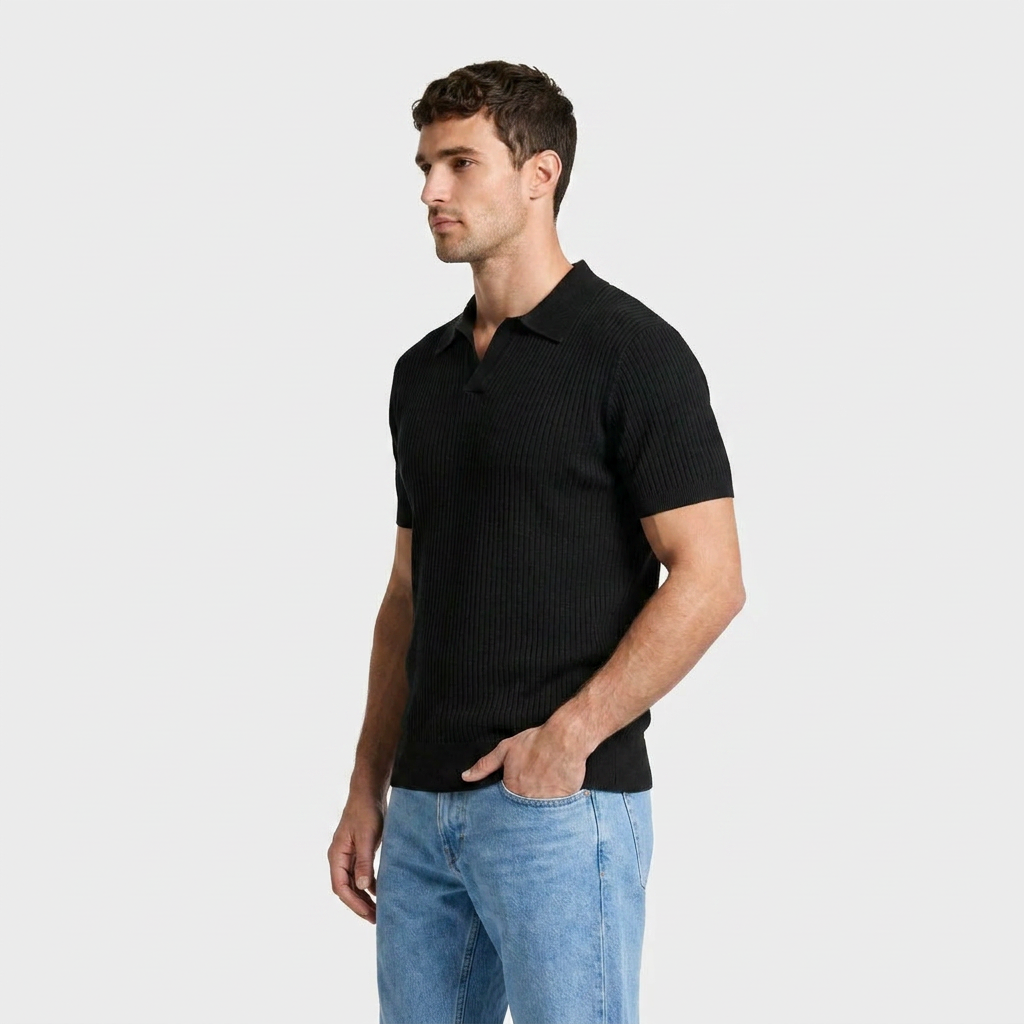 Ribbed Knit Polo Open Collar Short Sleeve for Men