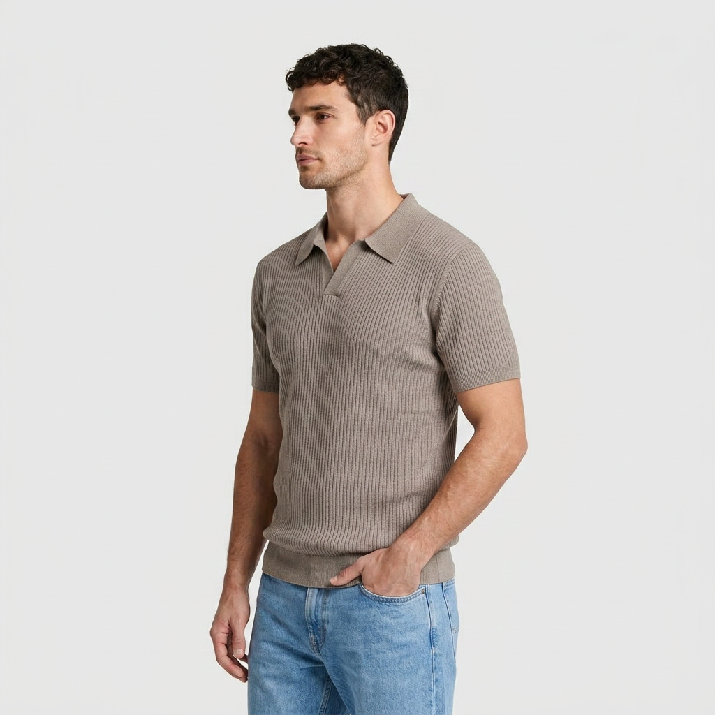 Ribbed Knit Polo Open Collar Short Sleeve for Men