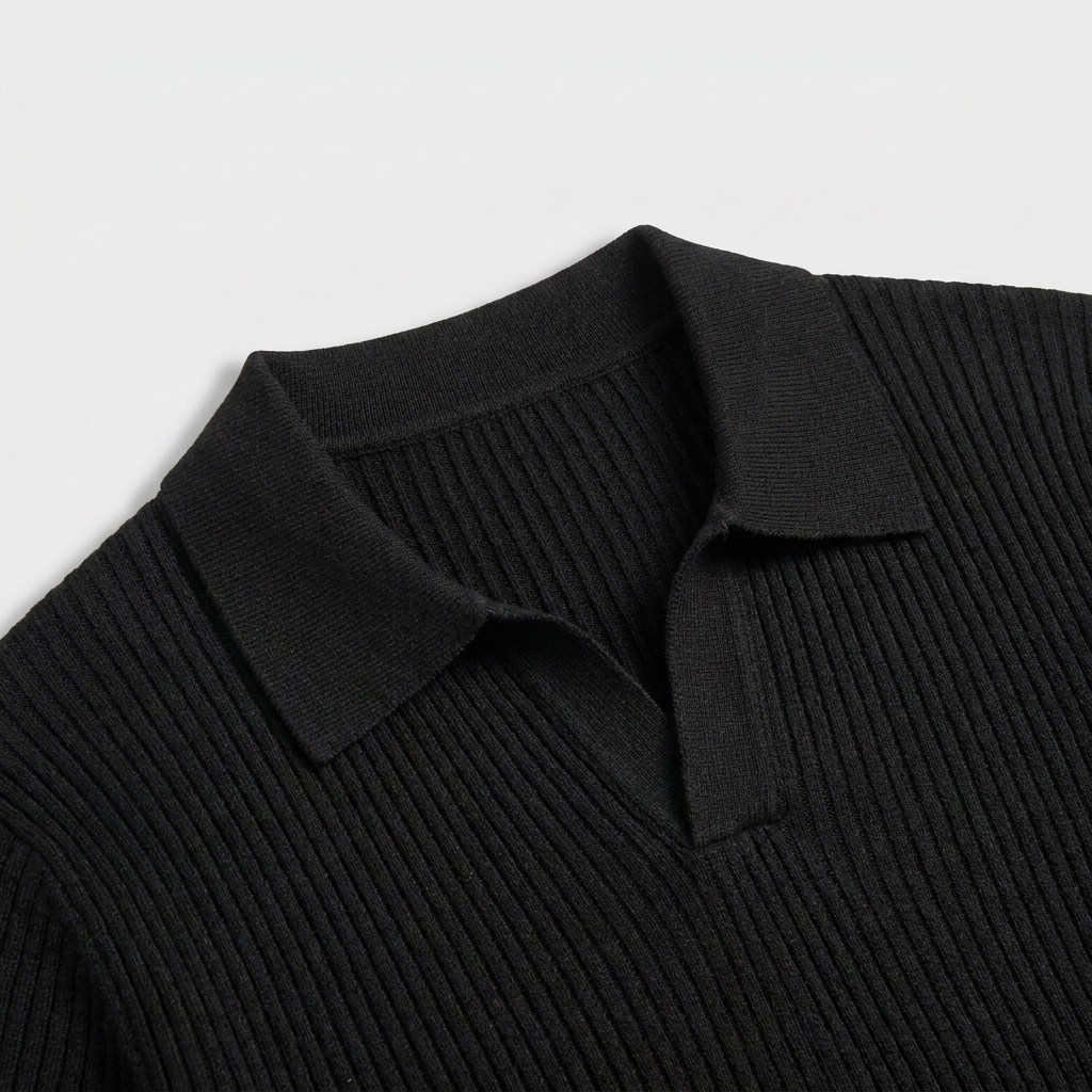 Ribbed Knit Polo Open Collar Short Sleeve for Men