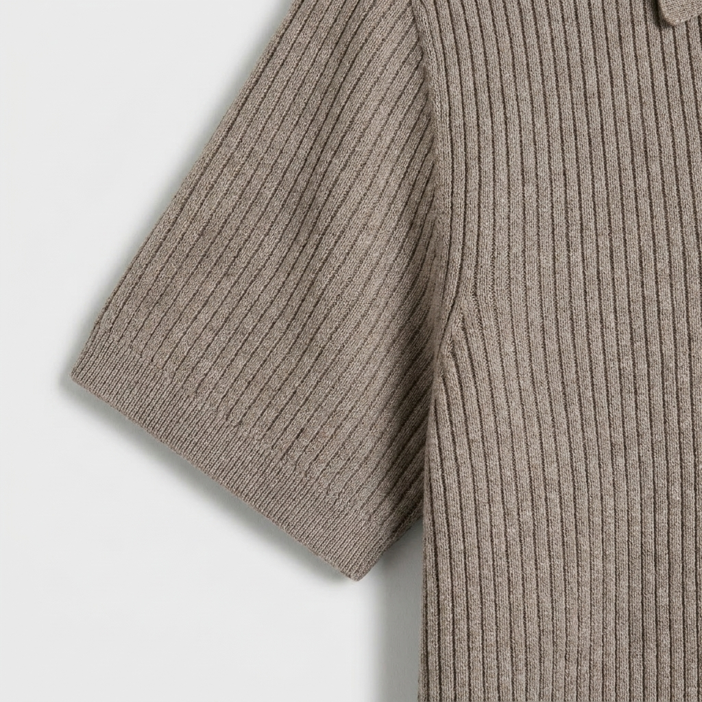 Ribbed Knit Polo Open Collar Short Sleeve for Men