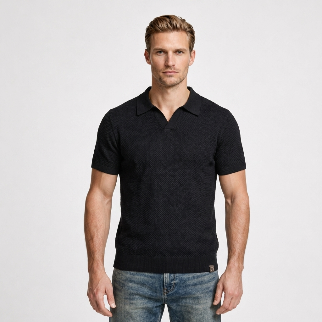 Textured Knit Polo Open Collar Short Sleeve for Men