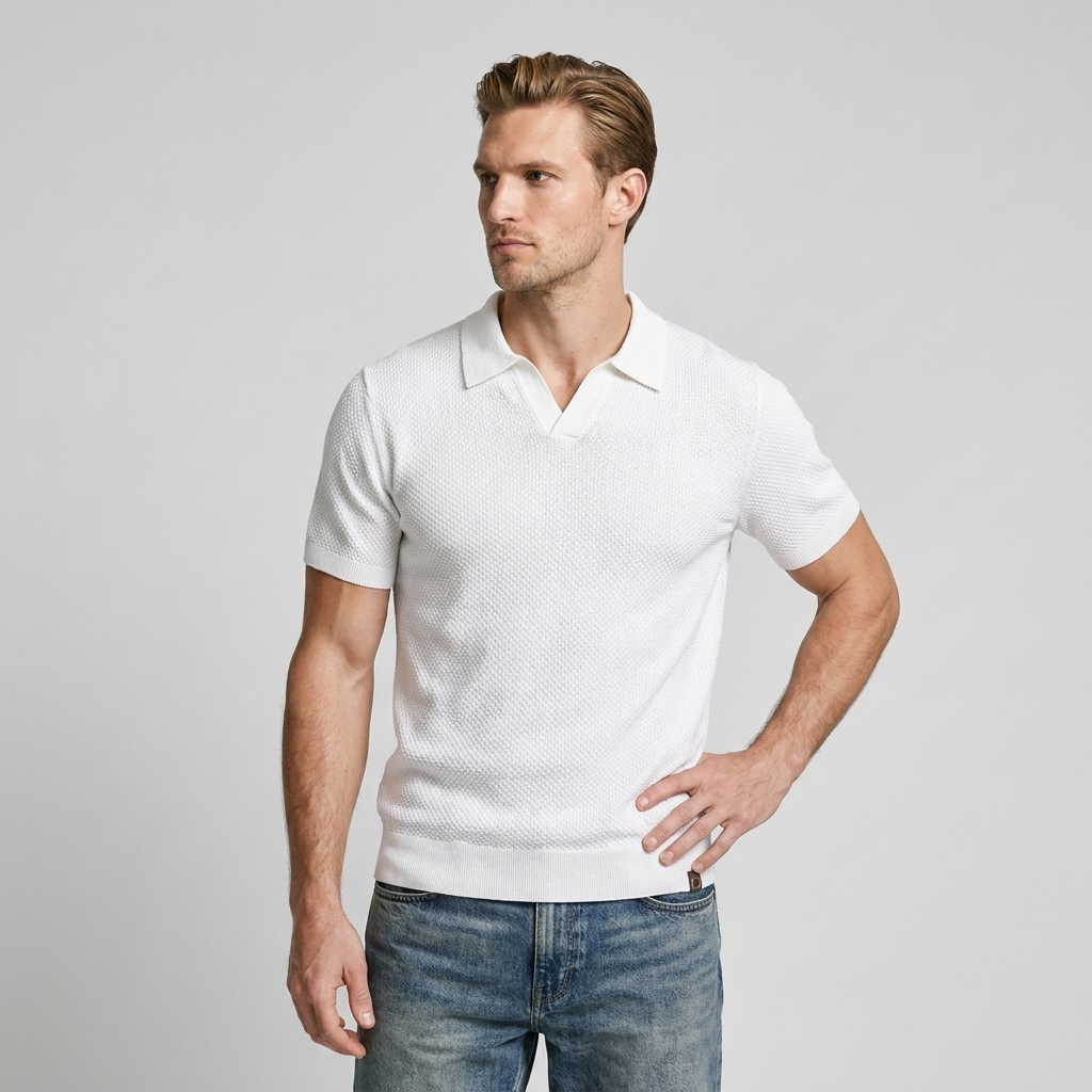 Textured Knit Polo Open Collar Short Sleeve for Men