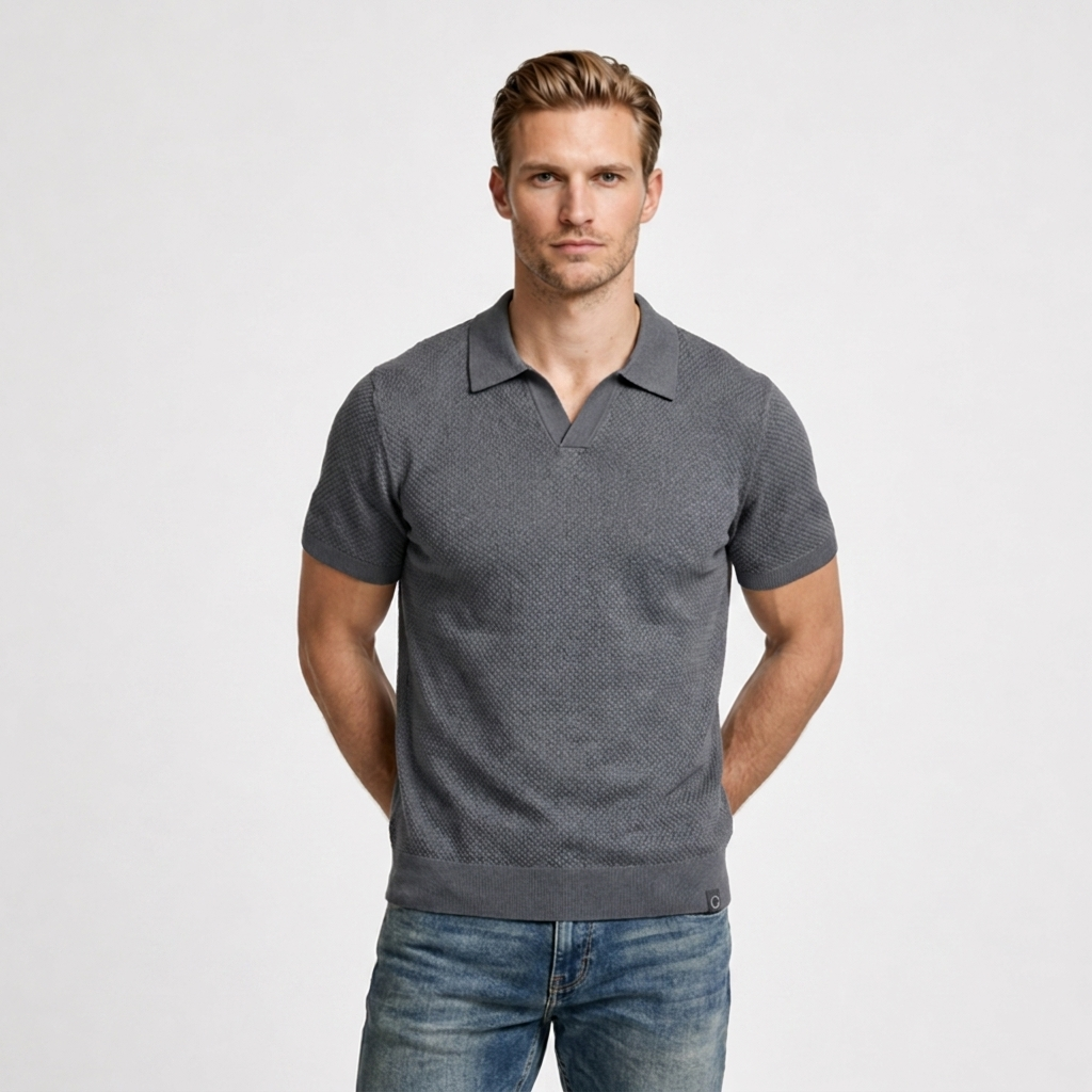 Textured Knit Polo Open Collar Short Sleeve for Men