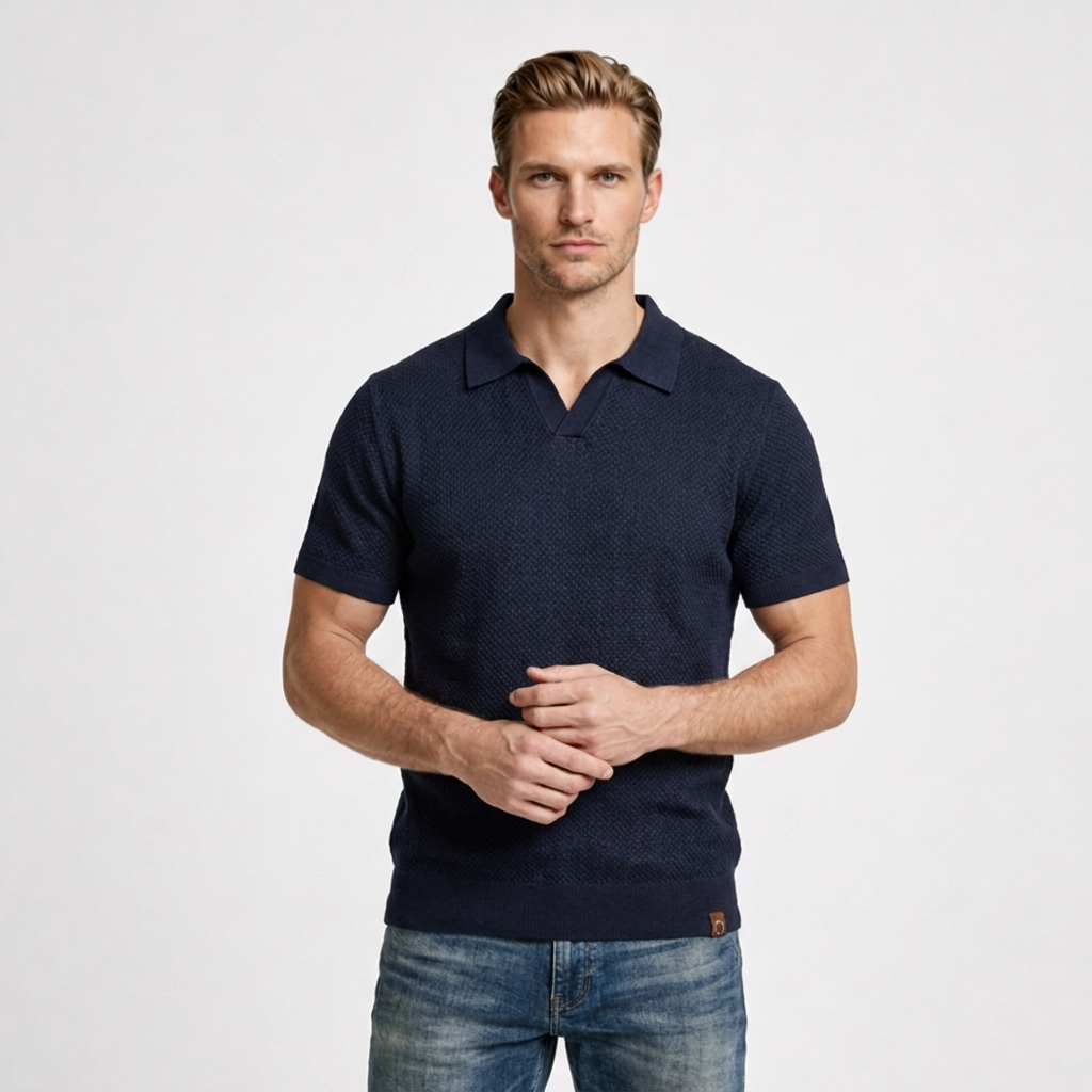 Textured Knit Polo Open Collar Short Sleeve for Men