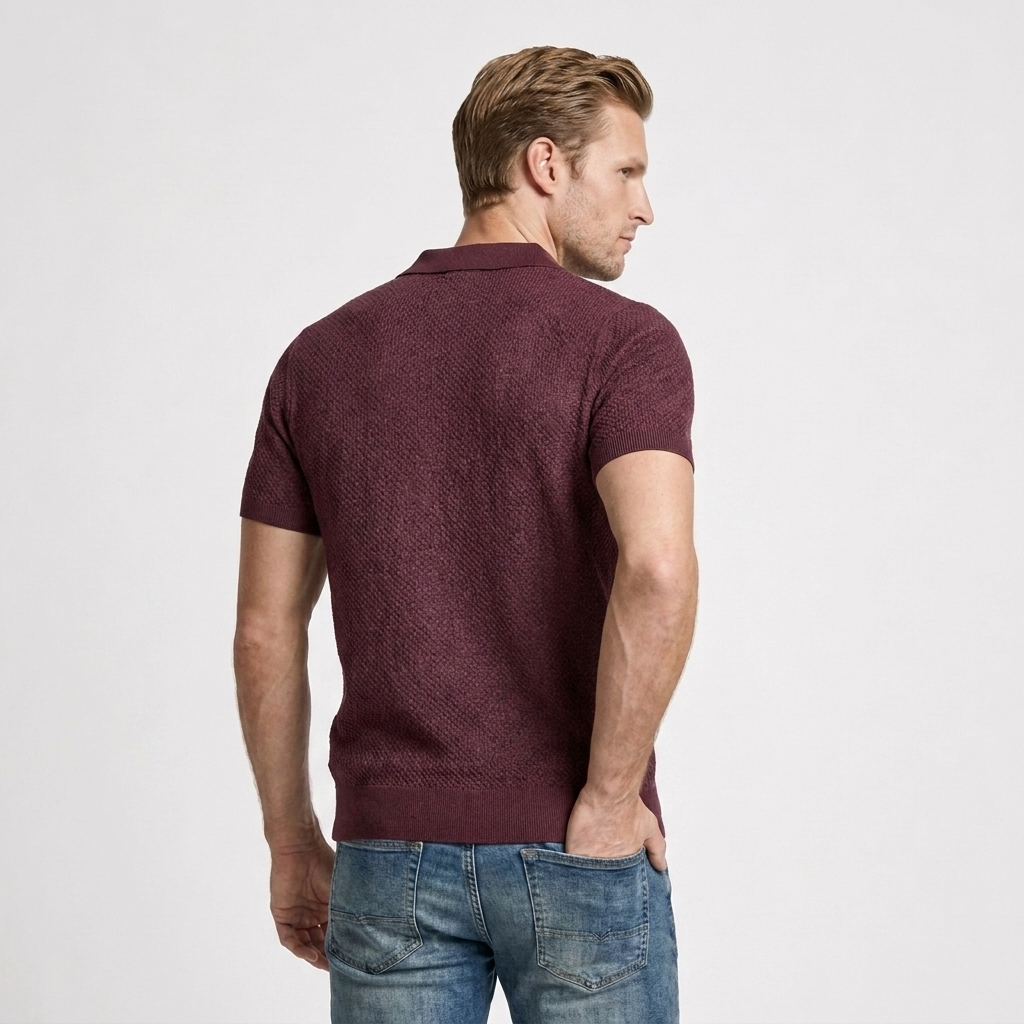 Textured Knit Polo Open Collar Short Sleeve for Men